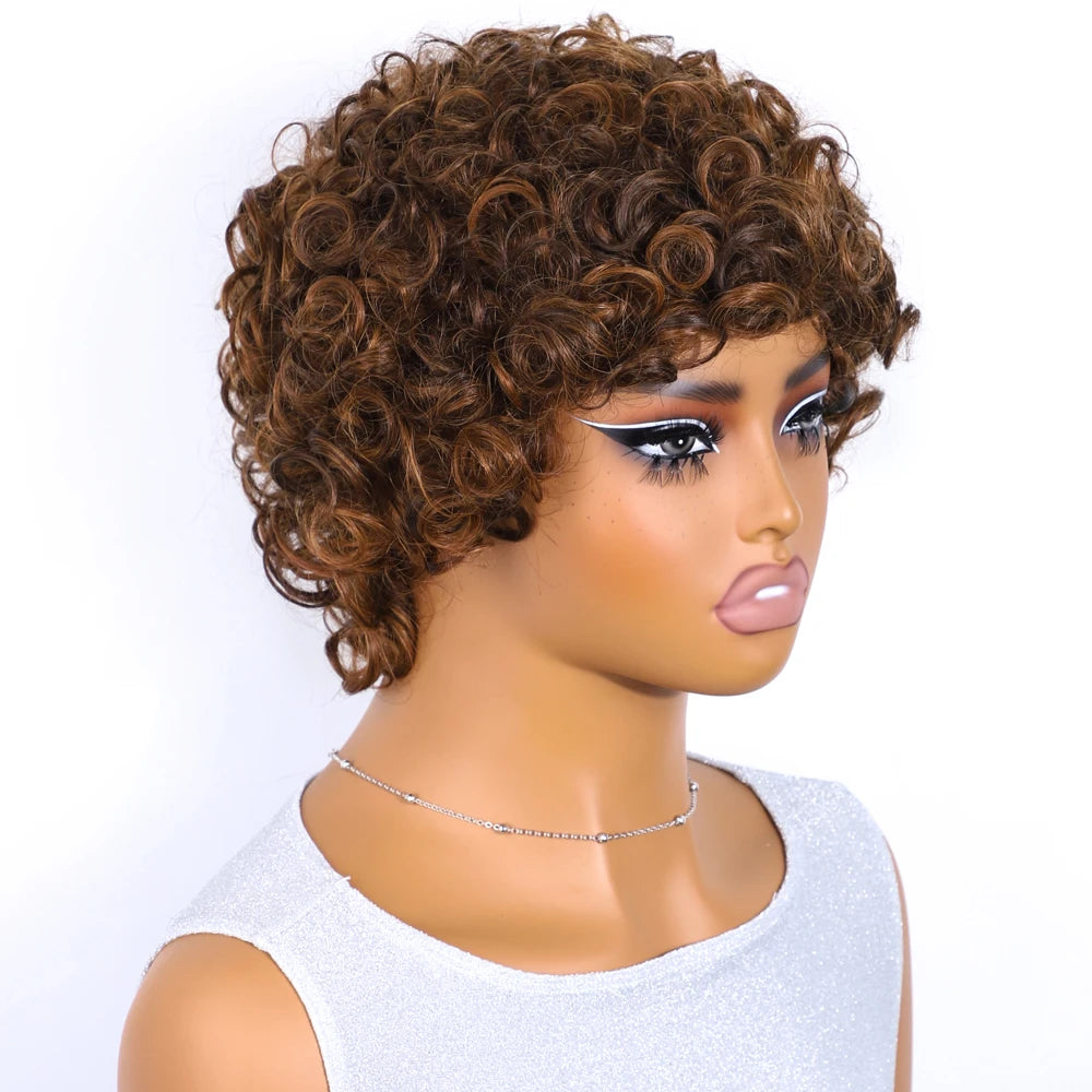 Pixie Short Afro Curly Bob Human Hair Wigs With Bangs For Women Brazilian Remy Hair Put On And Go Natural Brown Kinky Curly Wigs