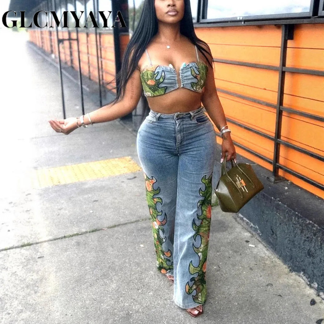 CM.YAYA Fashion Denim Women's Set Spaghetti Strap Crop Top and Wide Leg Jeans Pants Suit 2025 Holiday Two 2 Piece Set Outfit
