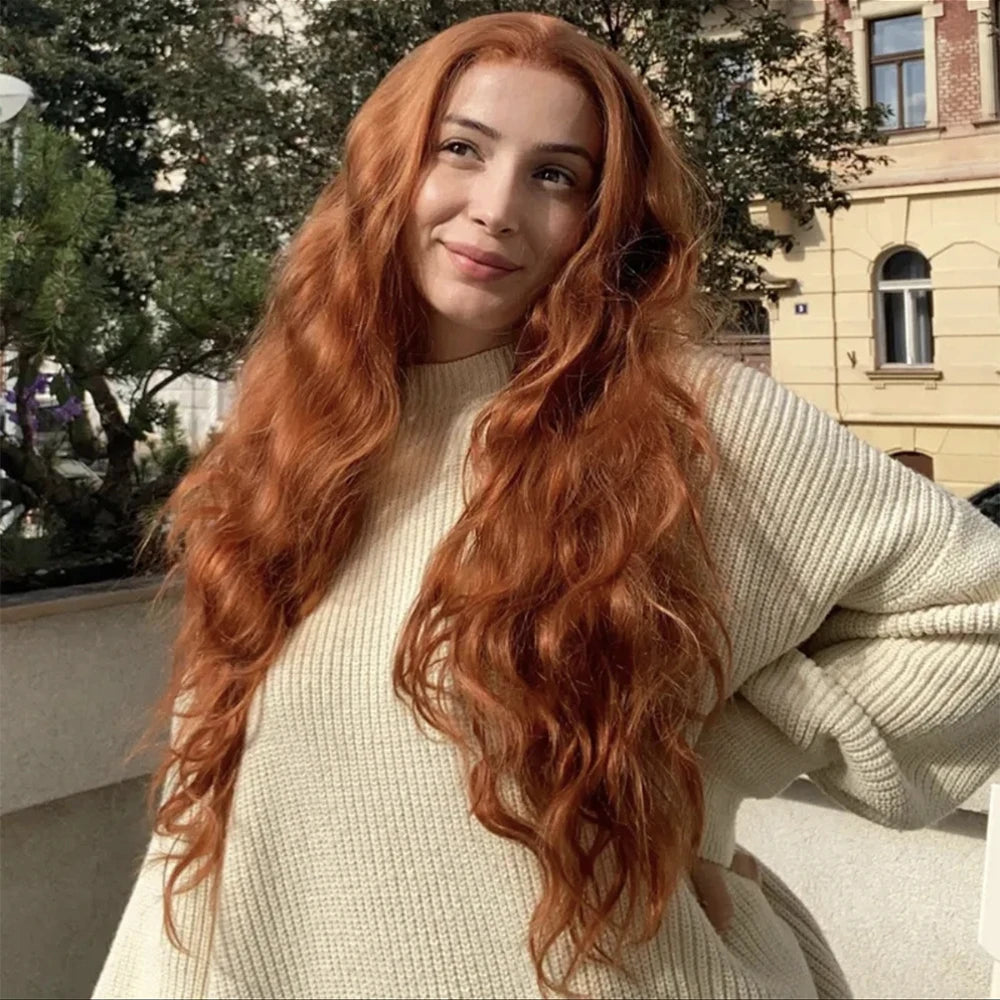 Ginger Orange Wig Long Natural Wave Wig Synthetic Lace Wig Loose Curl Wig Ginger Wig Lace Front Wigs for Women Daily Use Cosplay