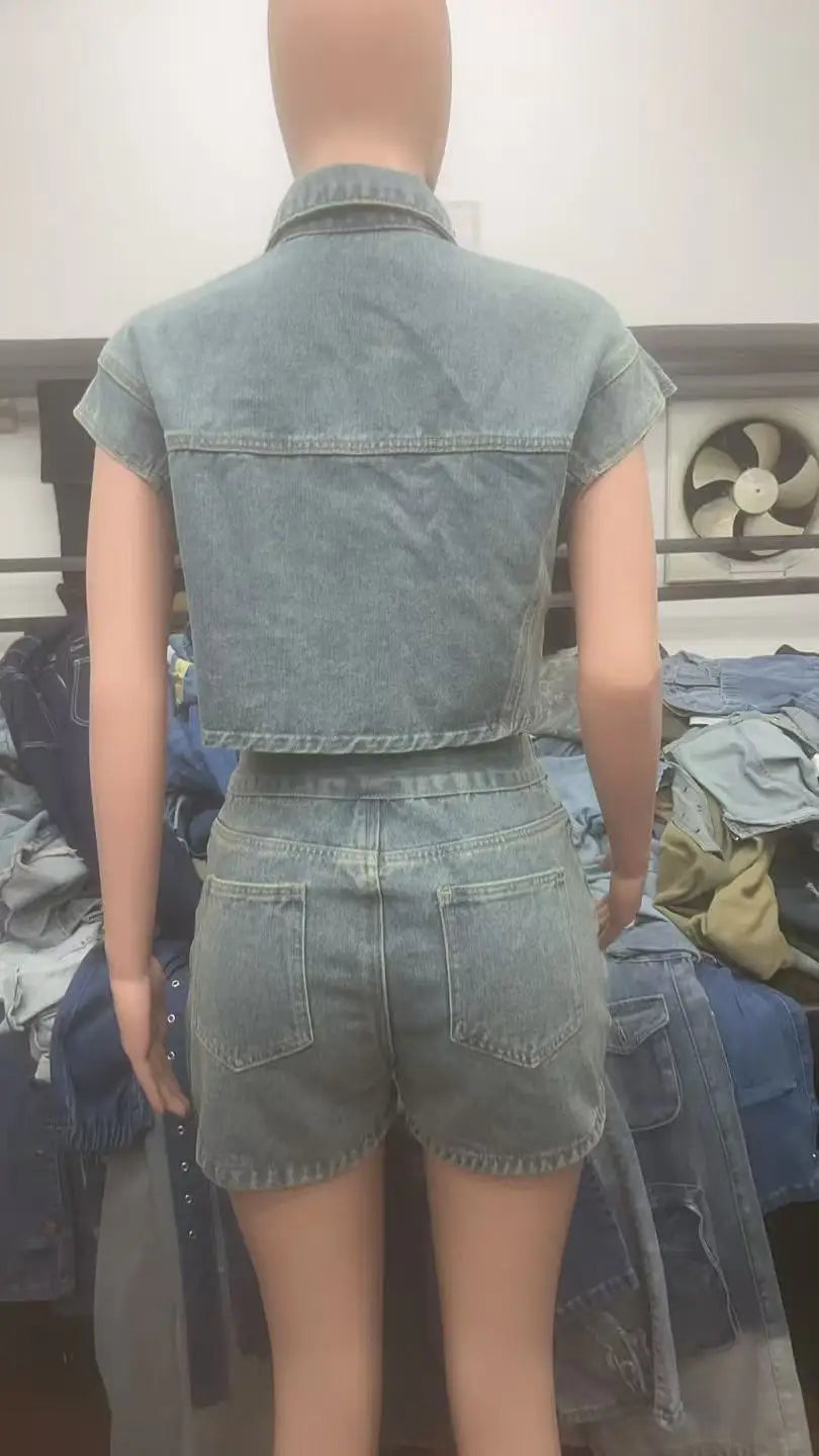 CM.YAYA Fashion Denim Women's Set Short Sleeve Jackets Tops and Shorts Jeans Sets 2025 Summer Two 2 Piece Sets Outfits Tracksuit