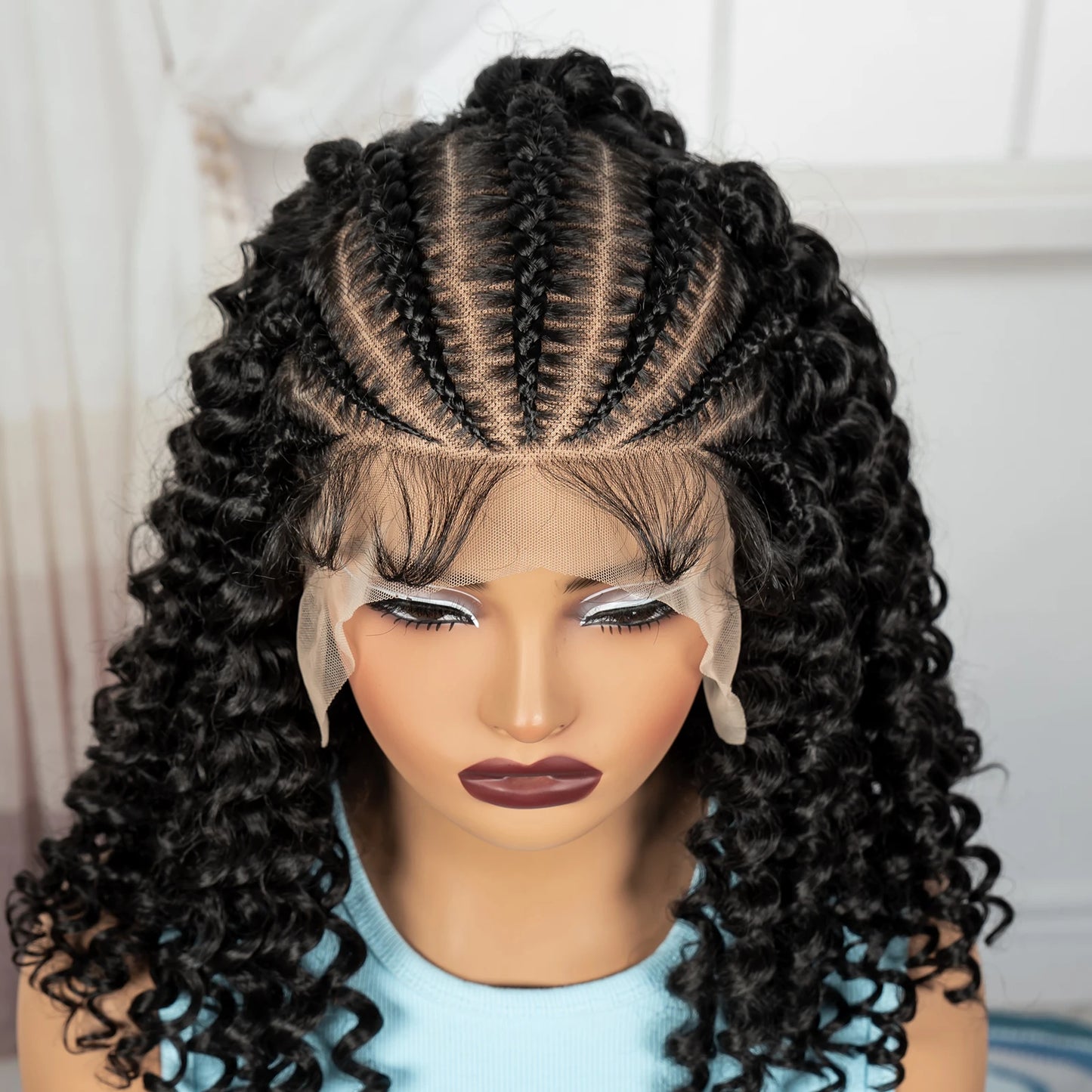 16inch 13x6 Lace Frontal Curly Hair Bob Wigs with Cornrow Braids Synthetic Deep Wave Brazilian Remy Hair Wigs for Black Women