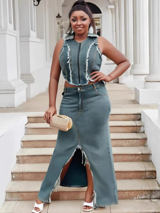 Two Piece Set Plus Size Clothes Summer Autumn V-Neck Sleeveless Denim Top And Maxi Skirt Women Sets Streetwear Office Lady Suit