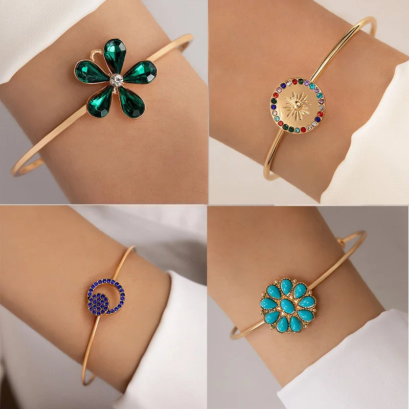 Tocona New Flower Inlaid Brick Open Bangle for Women's Vintage Green Stone Single Bracelet Party Jewelry Accessories брасле23692