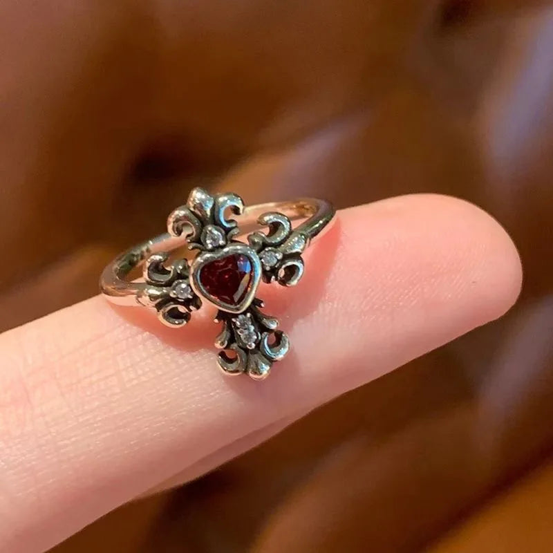 LATS Vintage Gothic Red Crystal Cross Geometry Open Rings for Women Y2k Punk Creative Grunge Jewelry Accessories Gift