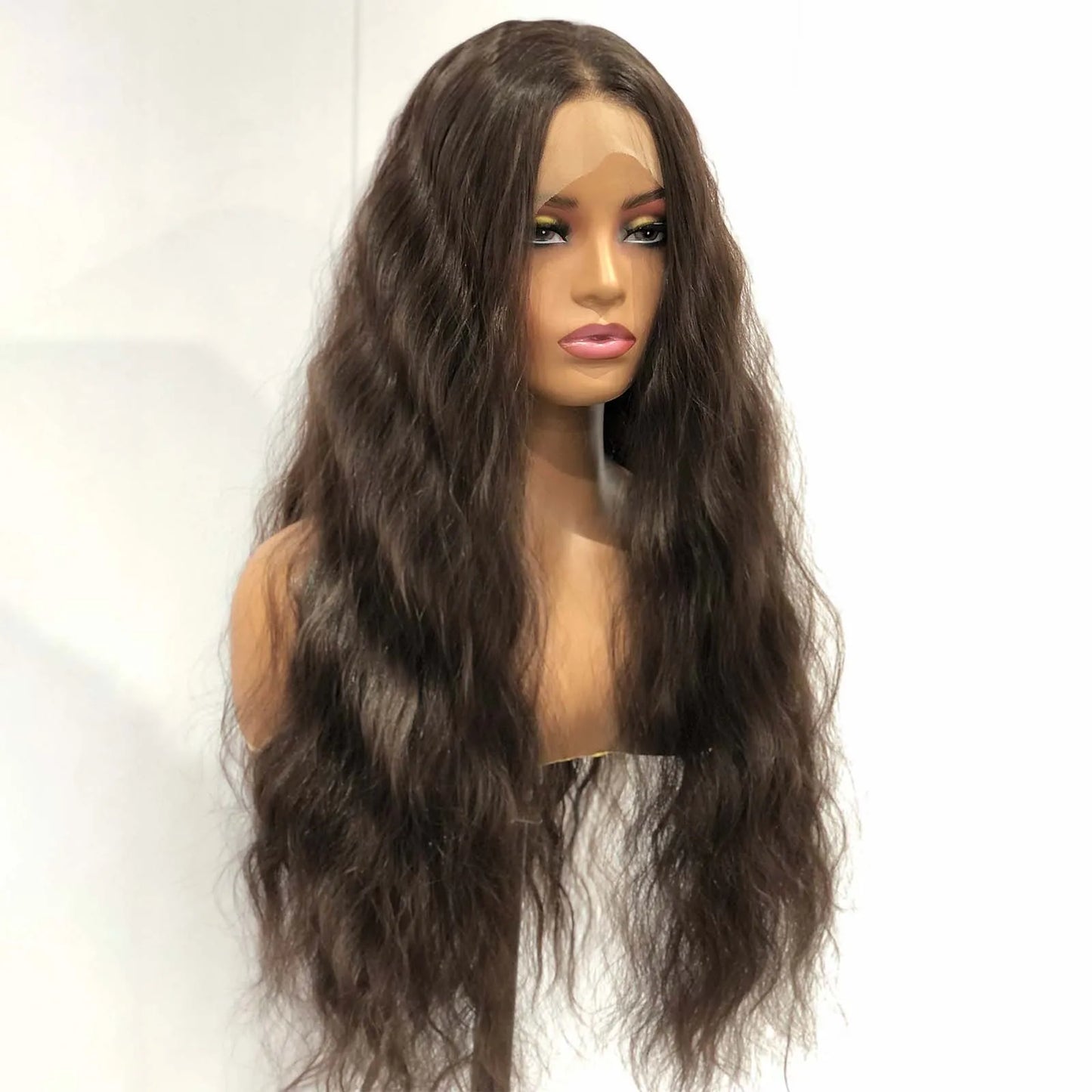 Dark Brown Wig Natural Wavy Synthetic Hair 13X4 Lace Front Wig Brunette Colored Deep Wave Long Curly Hair Frontal Wigs for Women