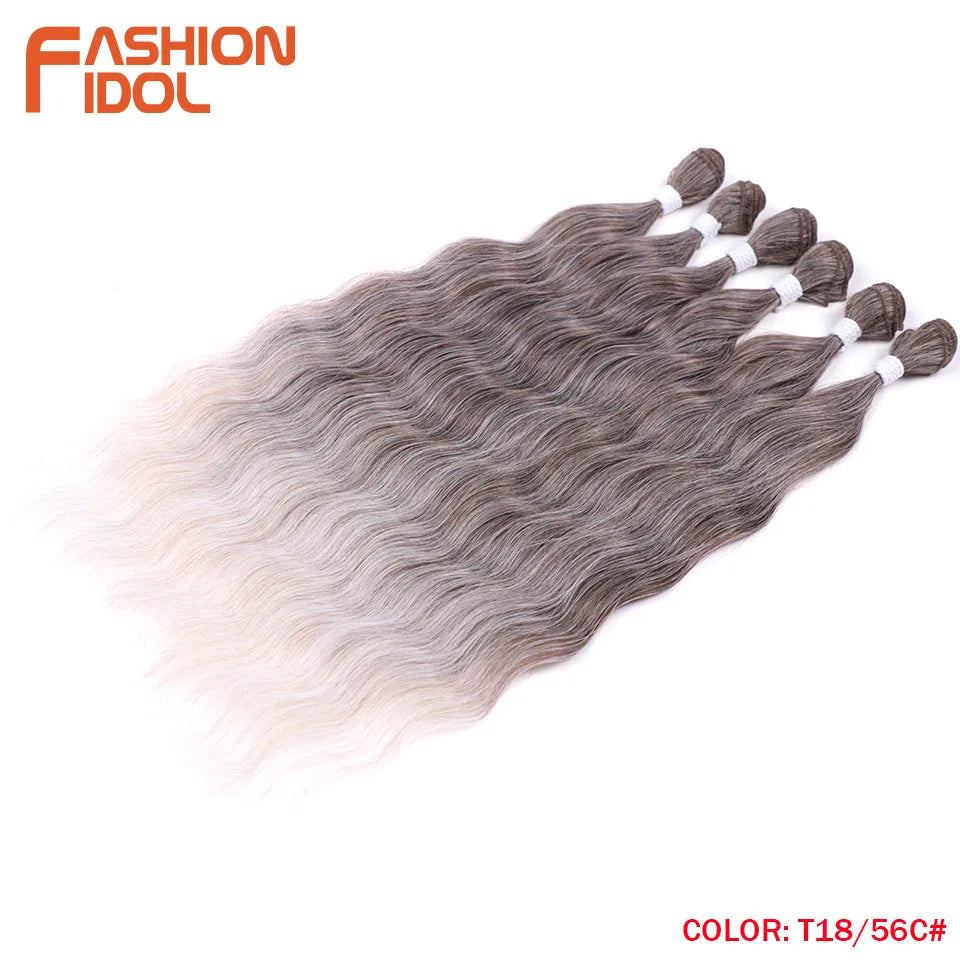FASHION IDOL Water Wave Hair Bundles Synthetic Hair Extensions Ombre Blonde Hair Weave Bundles 6pcs 20" High Temperature Fiber