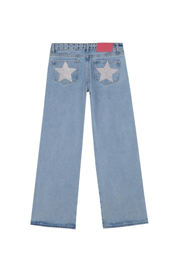 New Fashion Retro Rivet Star Print Baggy Straight Blue Jeans Y2K Women's Simple Classic Wide-leg Jeans Hip-hop Harajuku Jeans