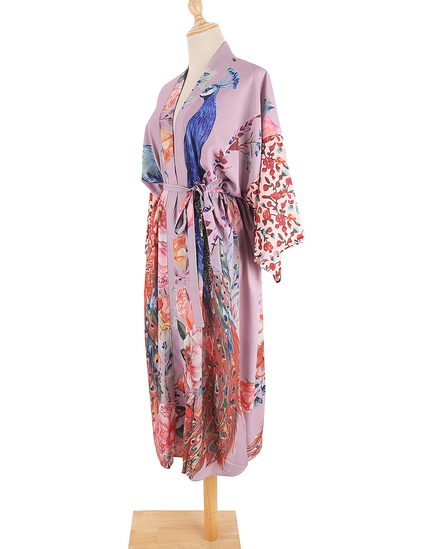 Beach Kimono for Women Peocock Printed Swimsuit Cover Up Self Belted Wrap Dresses Seaside Bathing Suits Beachwear