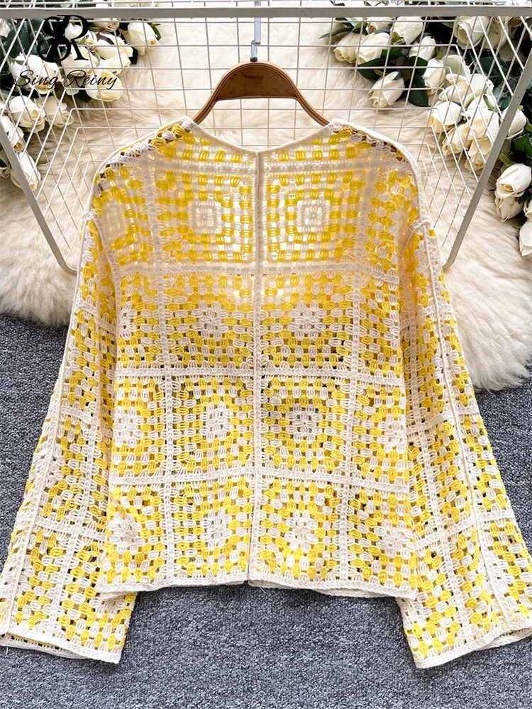 SINGREINY Vintage Boho Loose Plaid Cardigans Female Long Sleeves Hook Flower Hollow Tops 2025 Vacation Sunscreen Casual Shirt