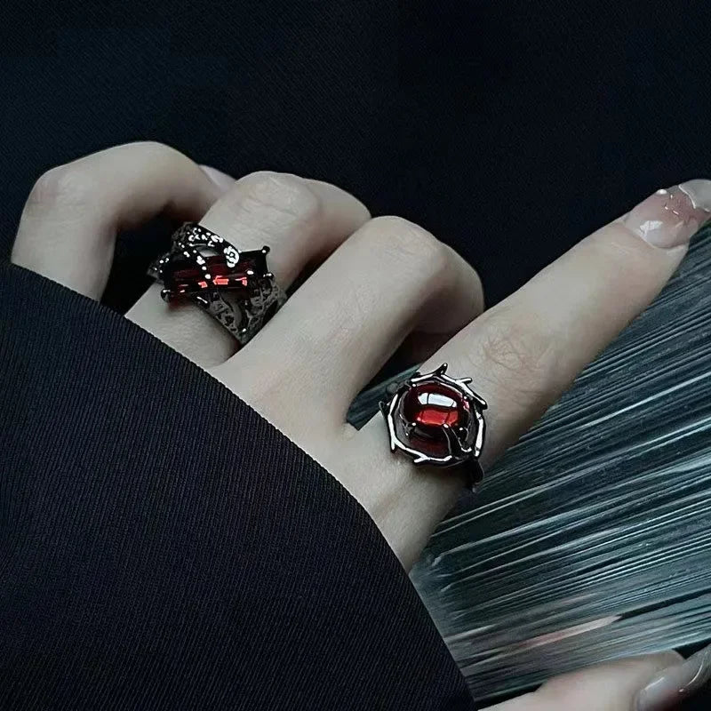 LATS Vintage Gothic Red Crystal Cross Geometry Open Rings for Women Y2k Punk Creative Grunge Jewelry Accessories Gift