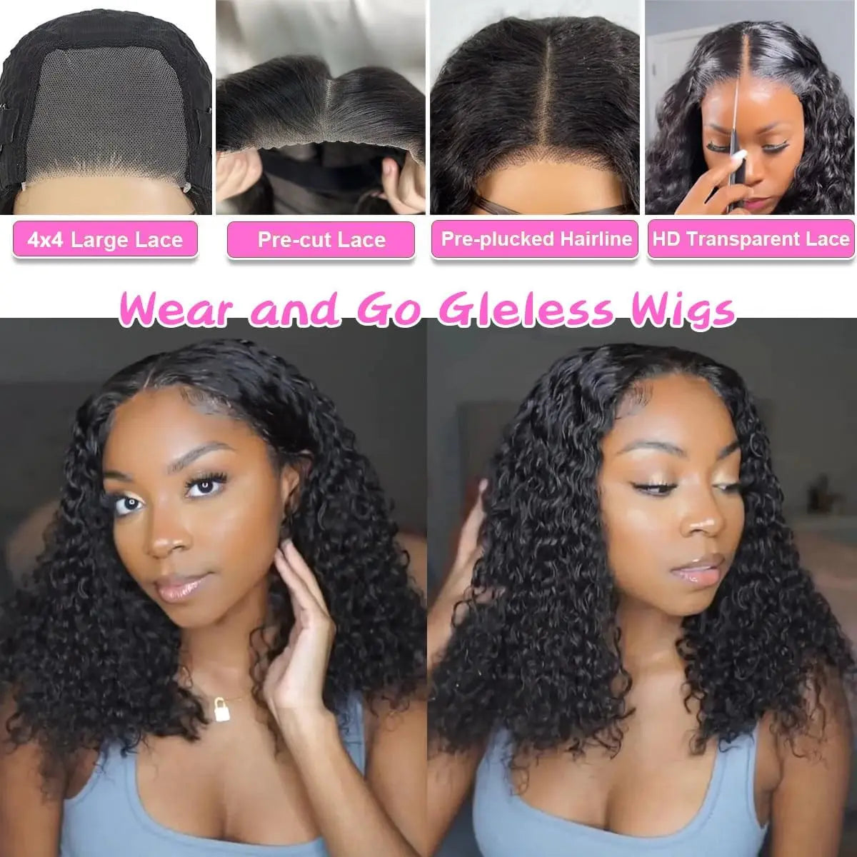 Short Bob Glueless Wigs Deep Wave Glueless Human Hair Ready To Wear 180% Pre Cut Lace 4x4 13x4 Culry Lace Front Human Hair Black