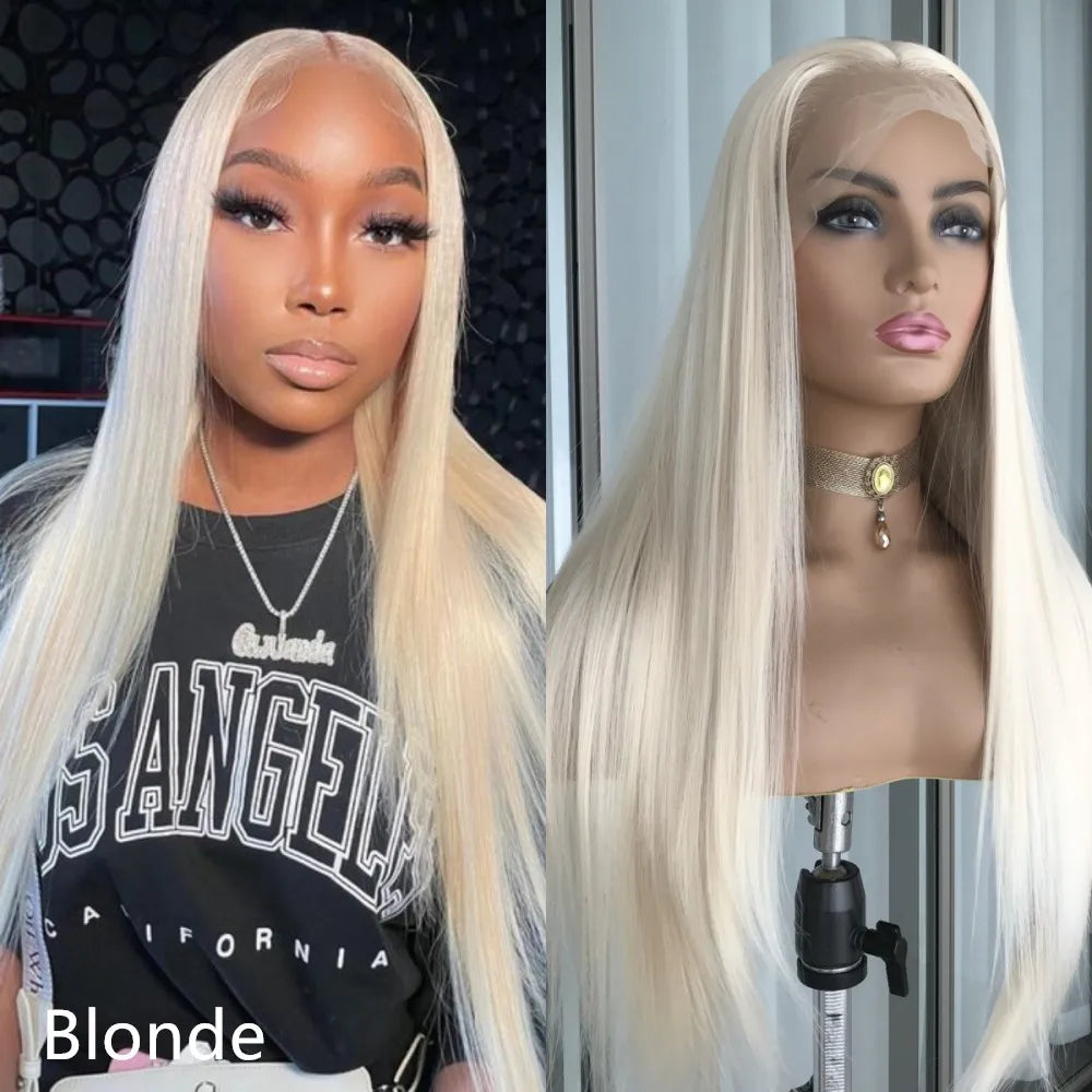 Highlight Blonde Platinum Straight Lace Front Wig Synthetic Hair for Women 13x4” Lace Frontal Wig Pre Plucked Blonde Colored Wig
