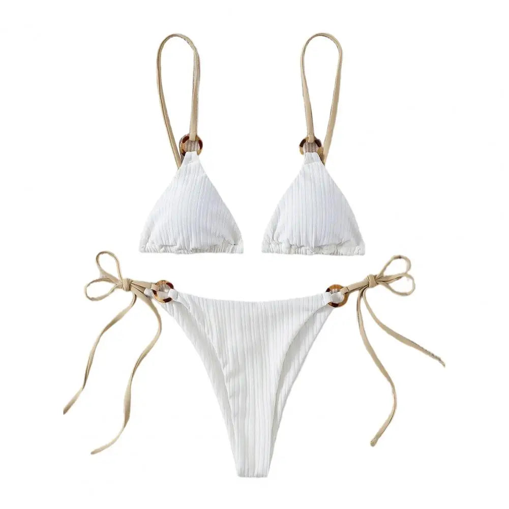Padded Three-point Women Bikini Set Solid Color Spaghetti Strap Hoop Women Swimsuit Two-piece Swimwear Wireless Bathing Suit