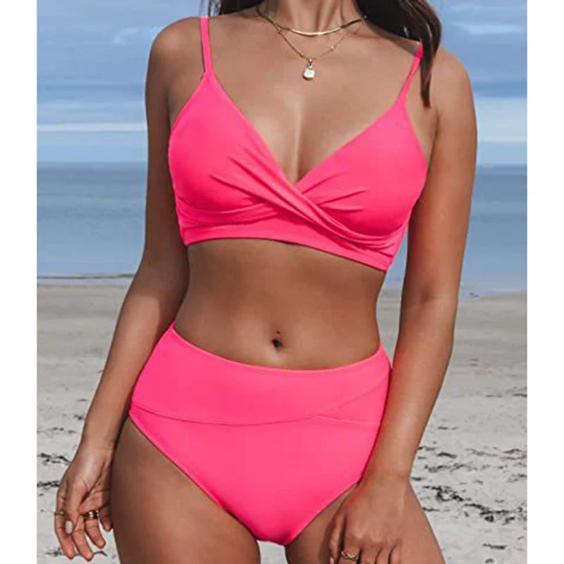 Bikini Set Women's 2 Piece Swimwear Cross Ruched V Neck High Waisted Push Up Bikini 2025 New Beach Vacation Ladies Bathing Suit