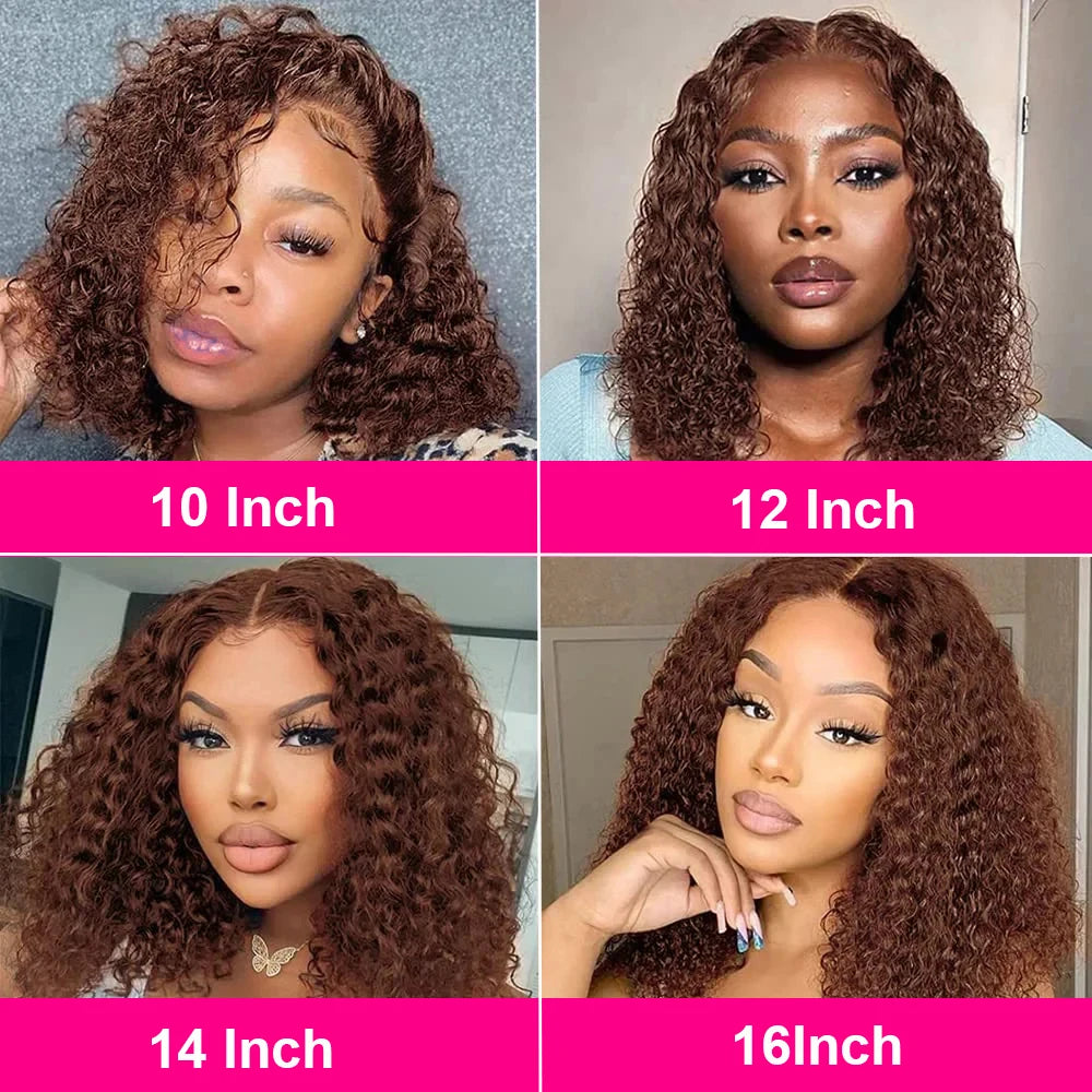 Brown #4 Colored Curly Short Bob Wig 13x4 Bob Wigs Brazilian Water Deep Wave Human Hair Wig Preplucked For Woman Short Pixie Cut