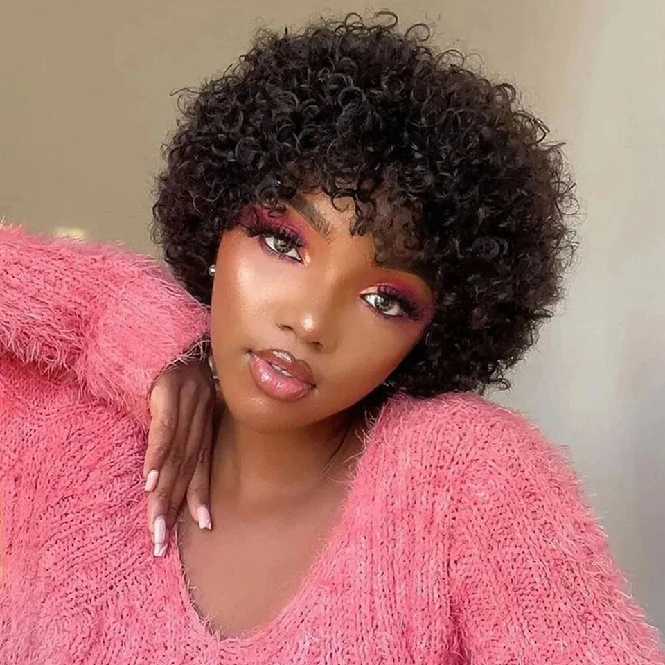 Pixie Short Afro Curly Bob Human Hair Wigs With Bangs For Women Brazilian Remy Hair Put On And Go Natural Brown Kinky Curly Wigs