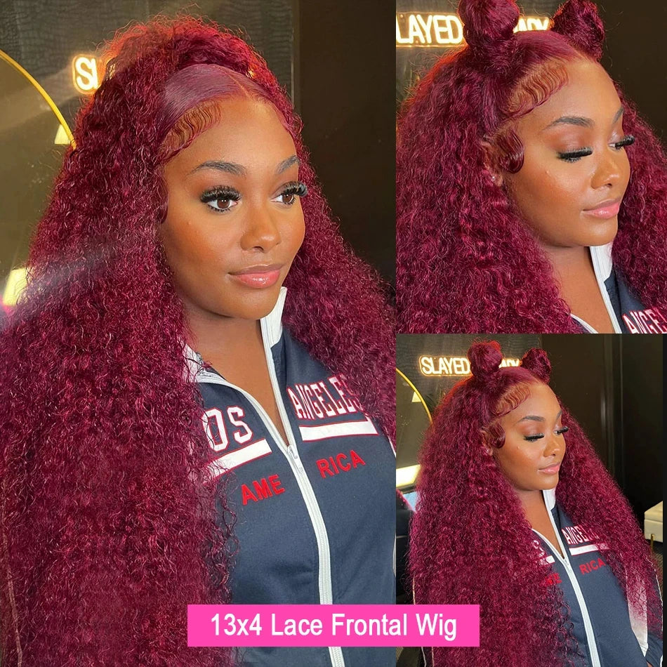 Burgudny Red Kinky Curly Human Hair Wigs Deep Wave 13x4 HD Lace Frontal Wigs 99J Red HD Lace Front 100% Human Hair Wig For Women