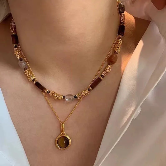 Sun Star Zircon Necklace for Women Vintage Leather Necklace Double Layered Pendant Chain Choker Fashion Jewelry