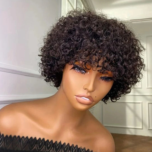 Pixie Short Afro Curly Bob Human Hair Wigs With Bangs For Women Brazilian Remy Hair Put On And Go Natural Brown Kinky Curly Wigs