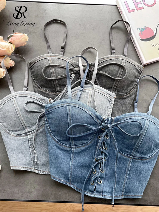 SINGREINY Fashion Women Sexy Denim Camisole Sleeveless Lace Up Skinny Tops 2024 Vintage Backless Elastics Short Streetwear Camis