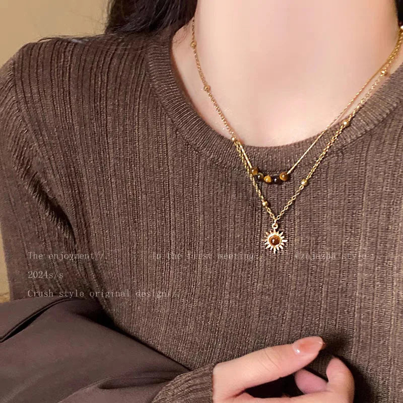Sun Star Zircon Necklace for Women Vintage Leather Necklace Double Layered Pendant Chain Choker Fashion Jewelry