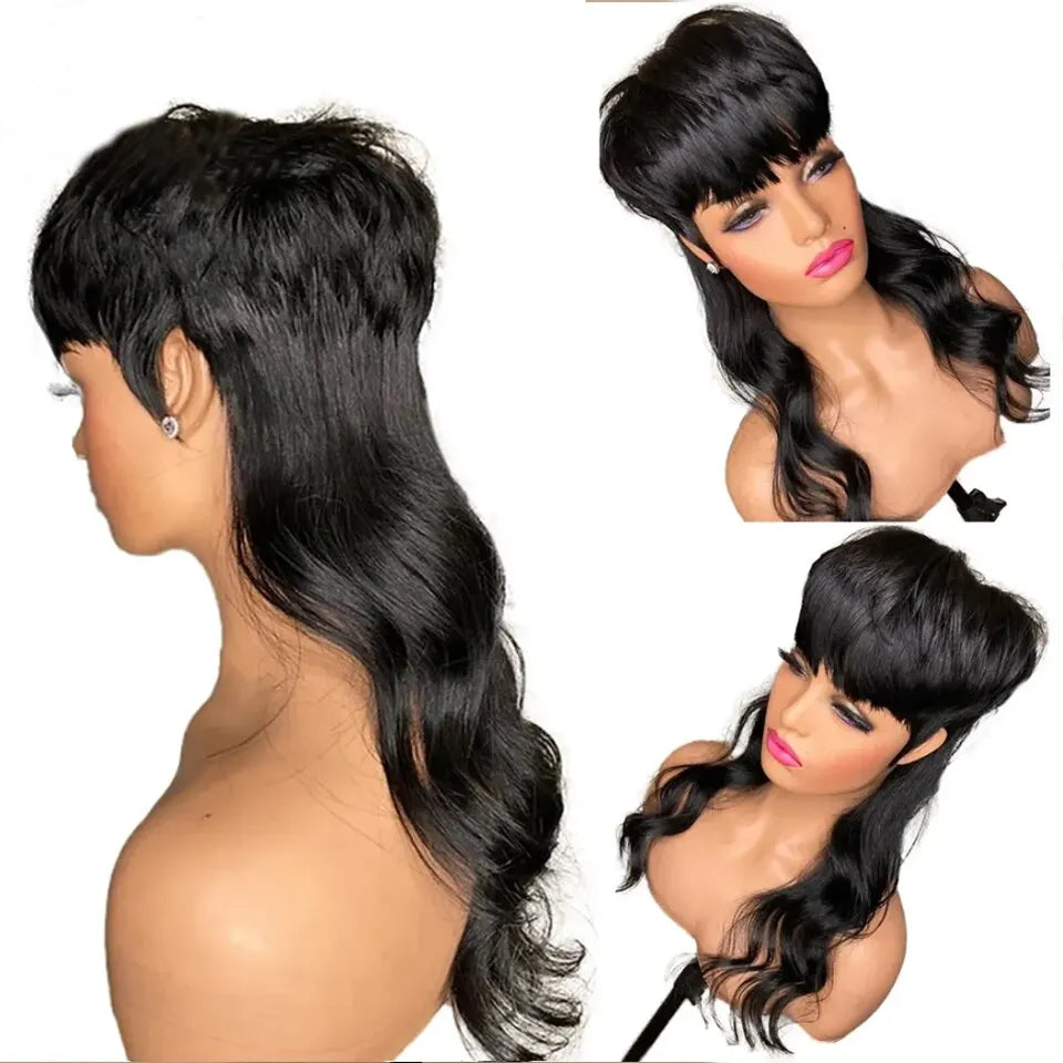 Short Bob Straight Human Hair Wig With Bangs Full Machine Made Long Pixie Cut Wig Glueless 150% Wave Wear And Go Wigs For Women