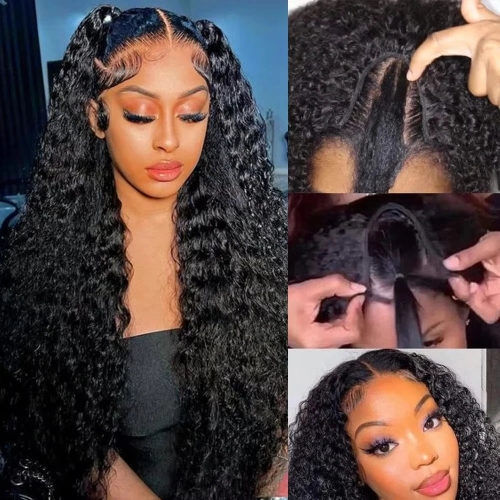 V Part Wig Human Hair No Leave Out Brazilian Water Wave Human Hair Wigs for Women V Part Deep Curly Wigs No Glue Wig Virgin 250%