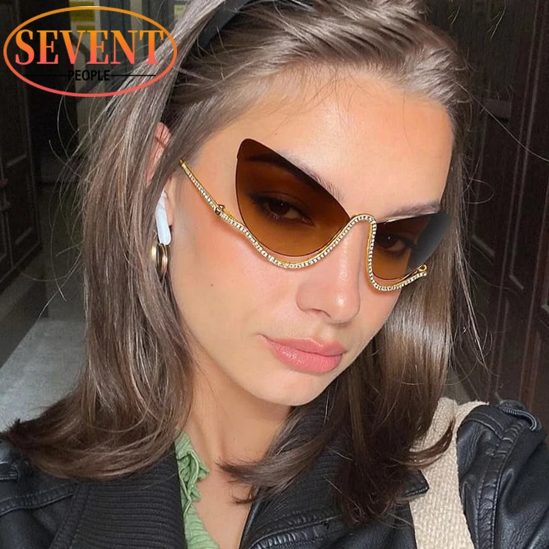 Sexy Cat Eye Rhinestone Rimless Sunglasses Women 2025 Luxury Brand Retro Metal Frame Punk Sun Glasses For Ladies Trendy Shades