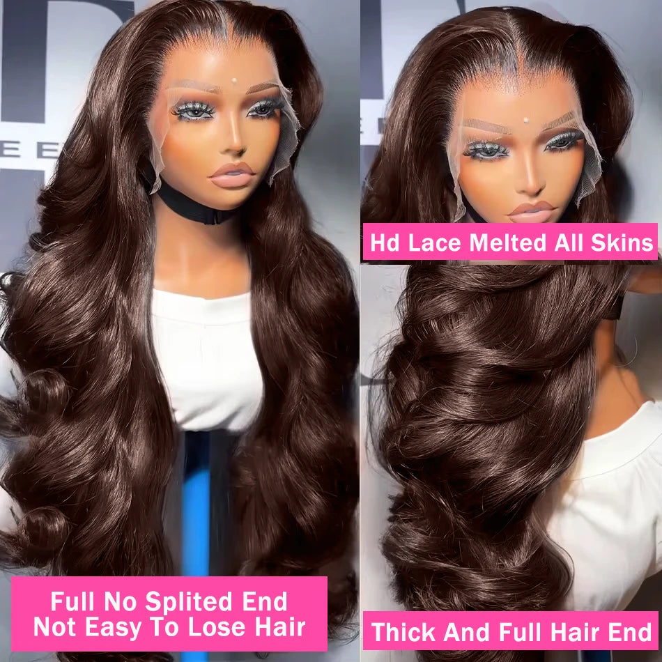 Rosabeauty Brazilian Chocolate Brown Body Wave Lace Front Human Hair Wigs 36 38 40 Inch Brown 13x6 HD Lace Frontal Wig For Women