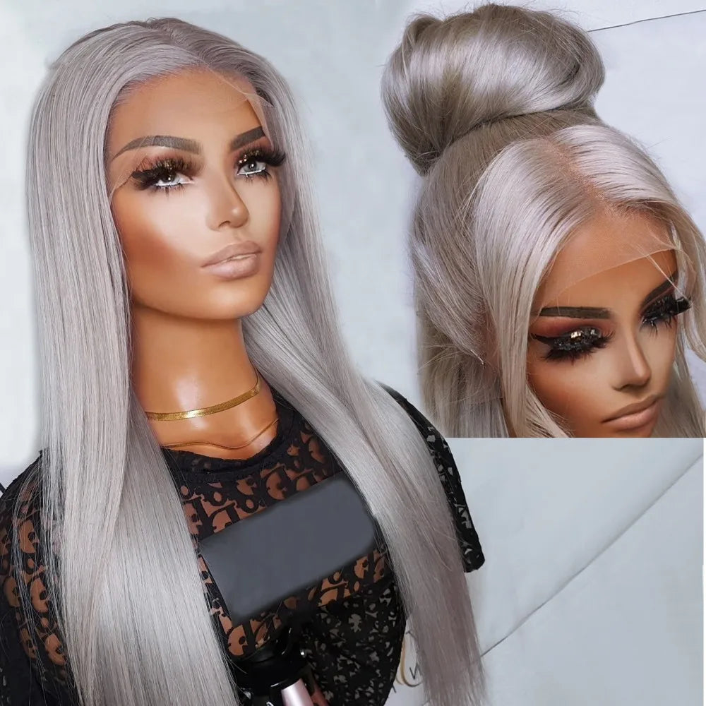 Highlight Blonde Platinum Straight Lace Front Wig Synthetic Hair for Women 13x4” Lace Frontal Wig Pre Plucked Blonde Colored Wig