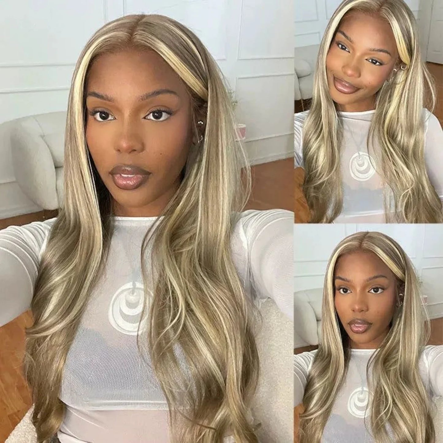 Brown Wig with Ash Blonde Highlights Synthetic Hair Long Wavy Loose Body Wave Streaks Money Piece 13X4 Frontal Wigs for Women