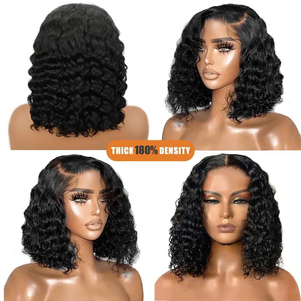 Short Bob Glueless Wigs Deep Wave Glueless Human Hair Ready To Wear 180% Pre Cut Lace 4x4 13x4 Culry Lace Front Human Hair Black