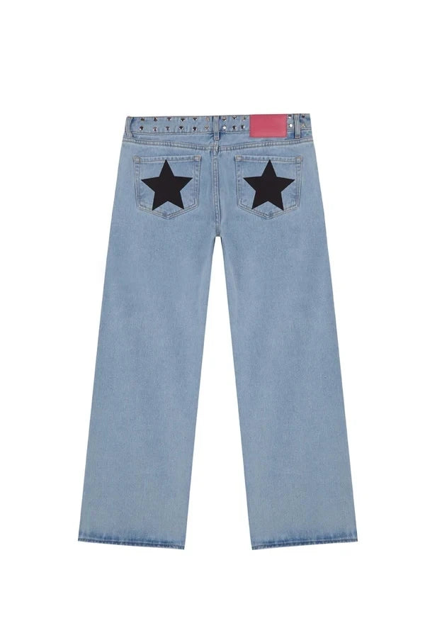 New Fashion Retro Rivet Star Print Baggy Straight Blue Jeans Y2K Women's Simple Classic Wide-leg Jeans Hip-hop Harajuku Jeans