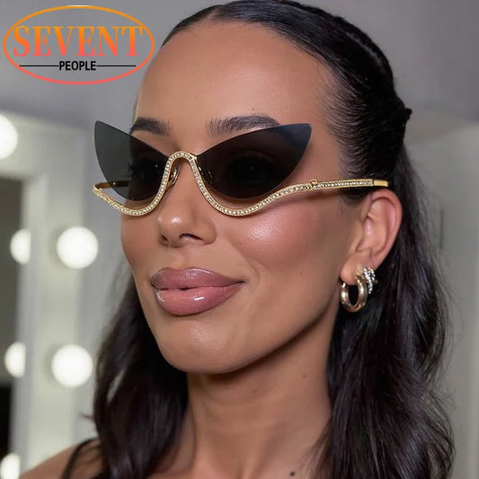 Sexy Cat Eye Rhinestone Rimless Sunglasses Women 2025 Luxury Brand Retro Metal Frame Punk Sun Glasses For Ladies Trendy Shades