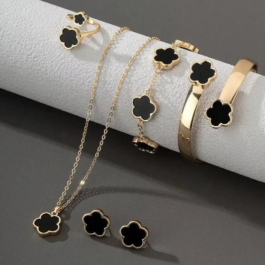 5pcs/set Colorful Enamel Plum Blossom Bracelets for Women Lucky Five Leaf Flower Necklace Earring Elegance Party Jewelry Gifts