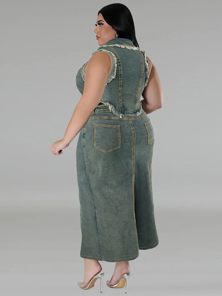 Plus Size 2-Piece Women's Summer Outfit Sleeveless Top And Blue Denim Skirt Set Elegant Lady Dress Wholesale Dropshipping