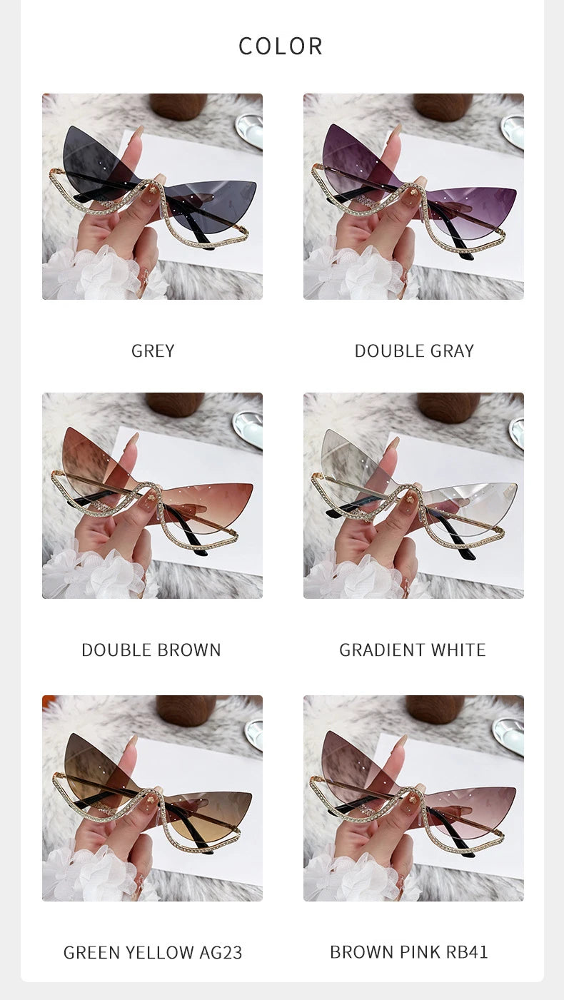 Sexy Cat Eye Rhinestone Rimless Sunglasses Women 2025 Luxury Brand Retro Metal Frame Punk Sun Glasses For Ladies Trendy Shades