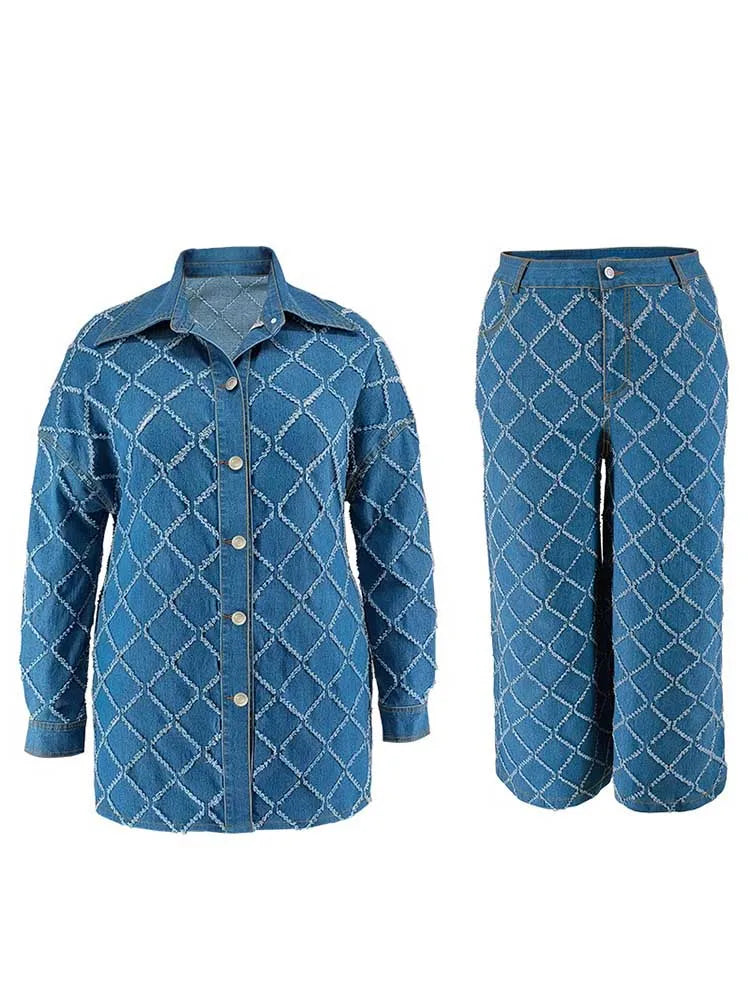Denim 2 Piece Set Women Jeans and Jacket Winter Casual Outfits Long Sleeve Denim Plaid Coat and Pants Sets Plus Size Clothes