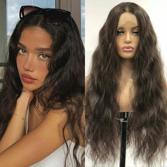 Dark Brown Wig Natural Wavy Synthetic Hair 13X4 Lace Front Wig Brunette Colored Deep Wave Long Curly Hair Frontal Wigs for Women