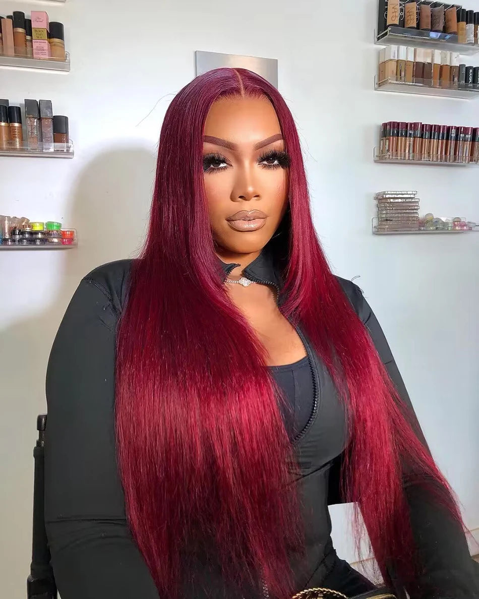 13x6 HD Lace Front Wig Human Hair Wigs 99J Red Burgundy Colored HD Transparent Pre Plucked Lace Frontal Human Hair Wigs Straight