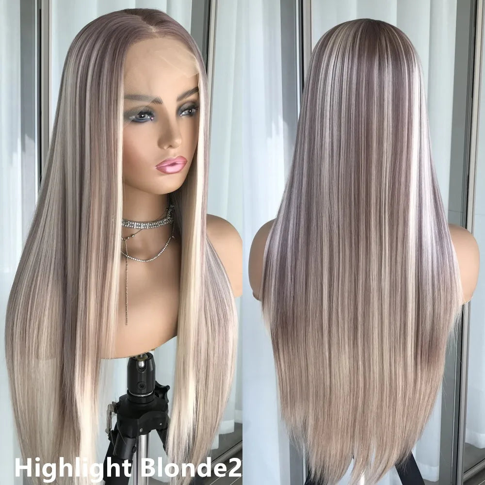 Highlight Blonde Platinum Straight Lace Front Wig Synthetic Hair for Women 13x4” Lace Frontal Wig Pre Plucked Blonde Colored Wig