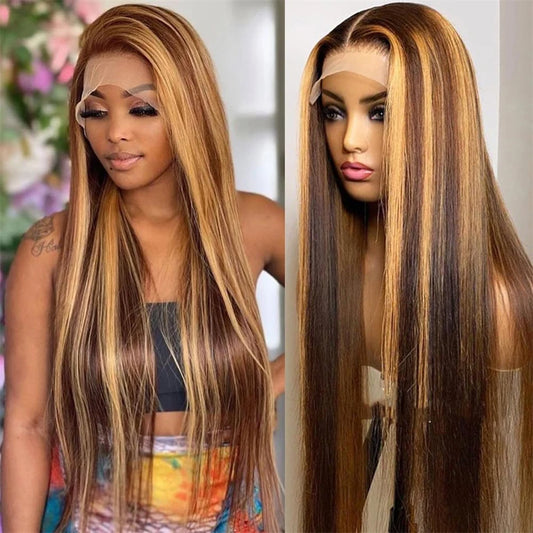 Highlight Colored Lace Front Human Hair Wigs For Women Pre Plucked 13x4 Bone Straight Transparent Lace Frontal Wig On Sale