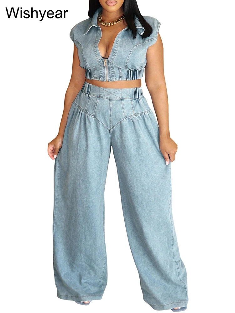 Elegant Denim Women Sleeveless Zipper Crop Top and Wide Leg Pants Two Piece Set Fashion Streetwear Loose Matching Jeans Outfits