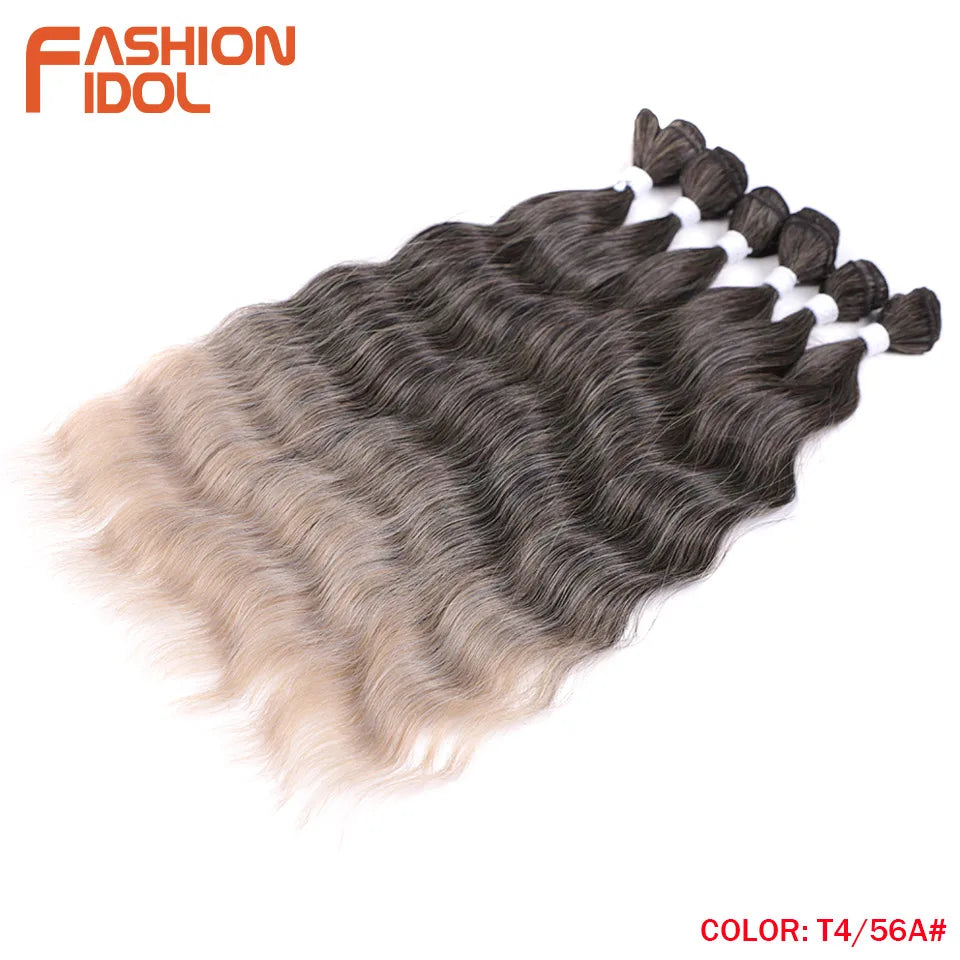 FASHION IDOL Water Wave Hair Bundles Synthetic Hair Extensions Ombre Blonde Hair Weave Bundles 6pcs 20" High Temperature Fiber