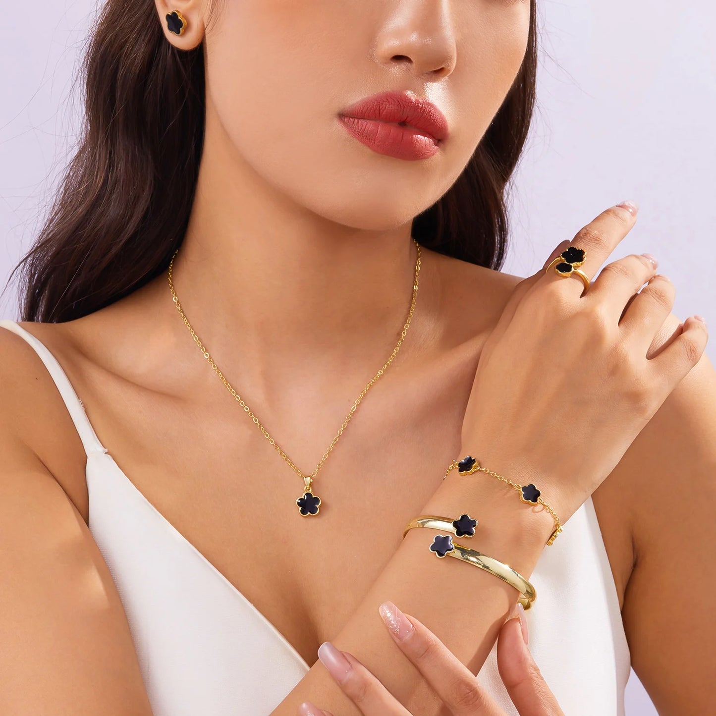 5pcs/set Colorful Enamel Plum Blossom Bracelets for Women Lucky Five Leaf Flower Necklace Earring Elegance Party Jewelry Gifts