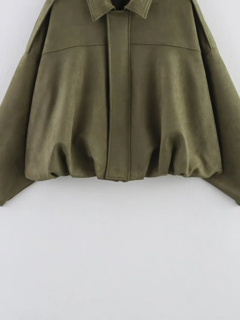 ETJ 2025  Spring new women's suede texture effect Loose version of fashion lapel shoulder bomber jacket