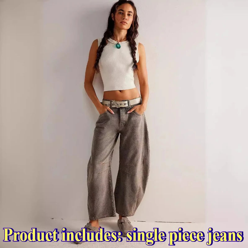 European and American Women's Casual Loose Mid Rise Jeans Trendy Loose Denim Pants Straight Leg Pants Round Neck Jeans Clothes