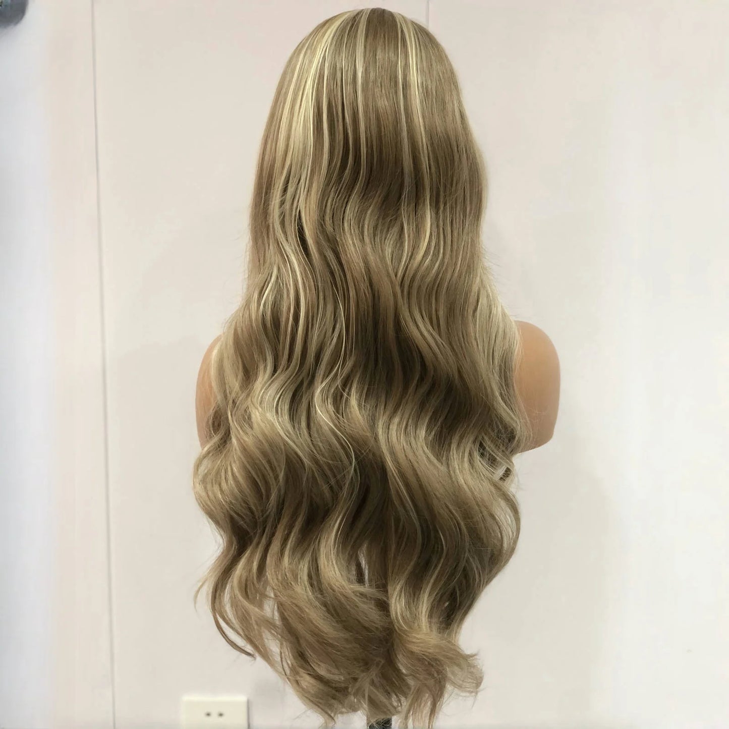 Brown Wig with Ash Blonde Highlights Synthetic Hair Long Wavy Loose Body Wave Streaks Money Piece 13X4 Frontal Wigs for Women