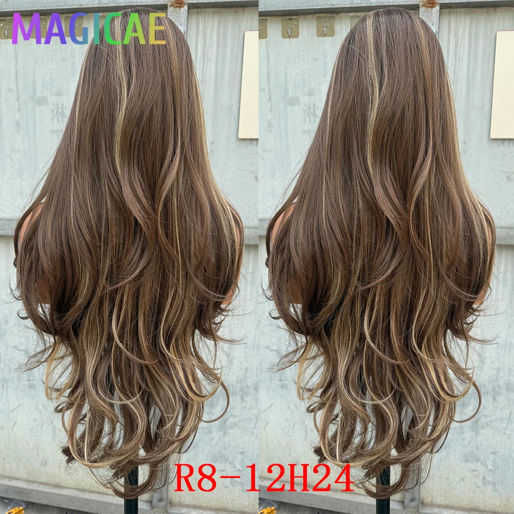 Magicae 13X4 Body Wave Lace Frontal Wigs 30inch Ombre Brown Blond 613# Bio Synthetic Heat Resistant Transparent Frontal Wigs