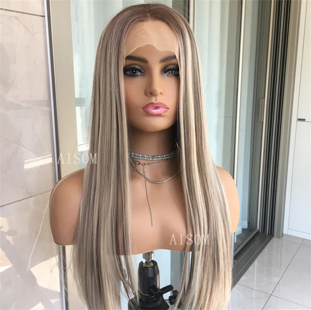 Highlight Blonde Platinum Straight Lace Front Wig Synthetic Hair for Women 13x4” Lace Frontal Wig Pre Plucked Blonde Colored Wig